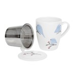 Porcelain mug with stainless steel strainer and lid - Birds, 350 ml