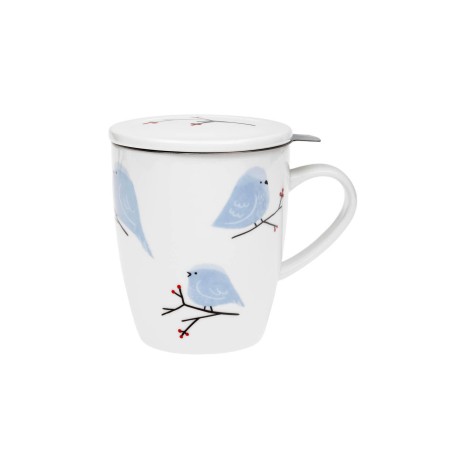 Porcelain mug with stainless steel strainer and lid - Birds, 350 ml
