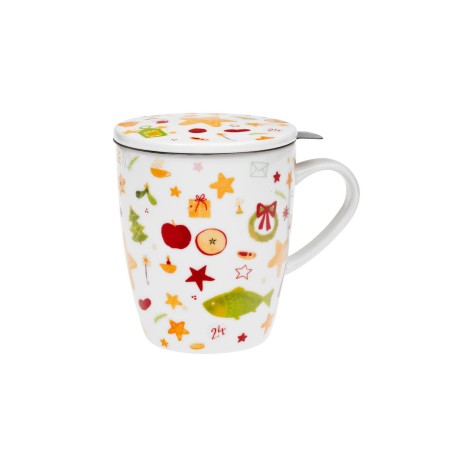 Christmas tradition - porcelain mug with stainless steel strainer and lid, 350 ml