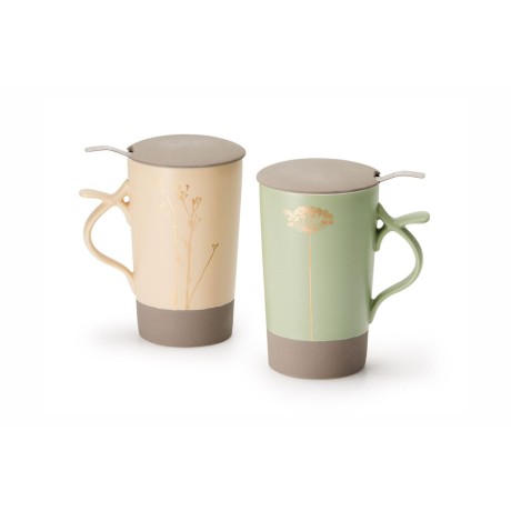 Nava - green porcelain mug with stainless steel strainer and lid, 400 ml