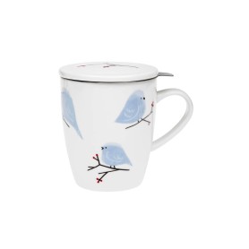 Porcelain mug with stainless steel strainer and lid - Birds, 350 ml
