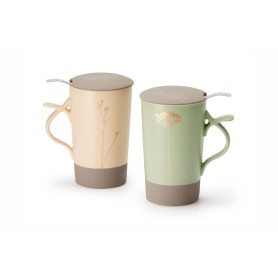 Nava - beige porcelain mug with stainless steel strainer and lid, 400 ml